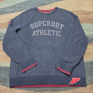 Superdry Athletic Sweatshirt Mens 2XL Gray Waffle Knit Crewneck Spellout Logo